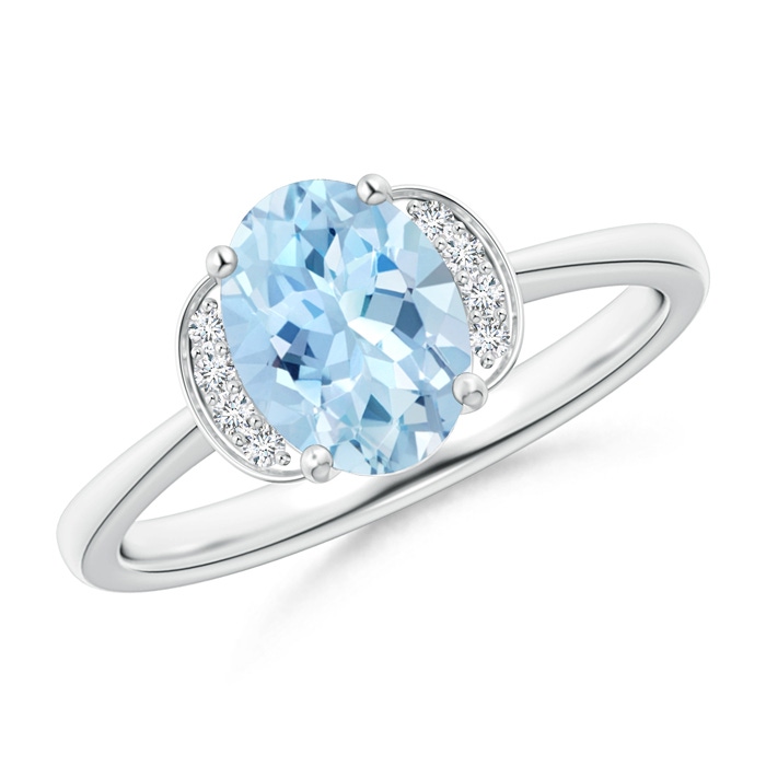 8x6mm AAA Solitaire Oval Aquamarine and Diamond Collar Ring in White Gold