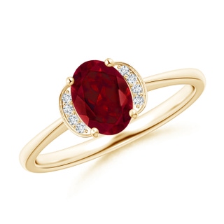 7x5mm AAA Solitaire Oval Garnet and Diamond Collar Ring in Yellow Gold