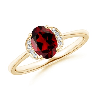 7x5mm AAAA Solitaire Oval Garnet and Diamond Collar Ring in Yellow Gold