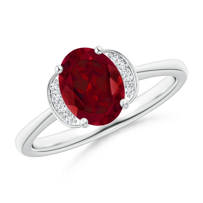 8x6mm AAA Solitaire Oval Garnet and Diamond Collar Ring in White Gold 