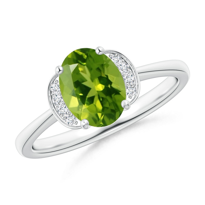 8x6mm AAAA Solitaire Oval Peridot and Diamond Collar Ring in White Gold