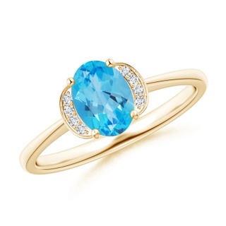 7x5mm AAA Solitaire Oval Swiss Blue Topaz and Diamond Collar Ring in 9K Yellow Gold