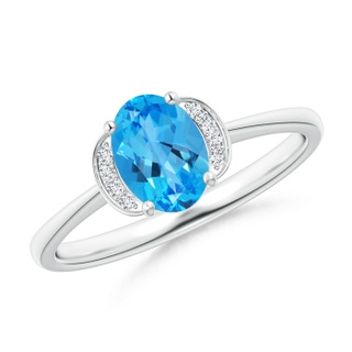 7x5mm AAAA Solitaire Oval Swiss Blue Topaz and Diamond Collar Ring in White Gold