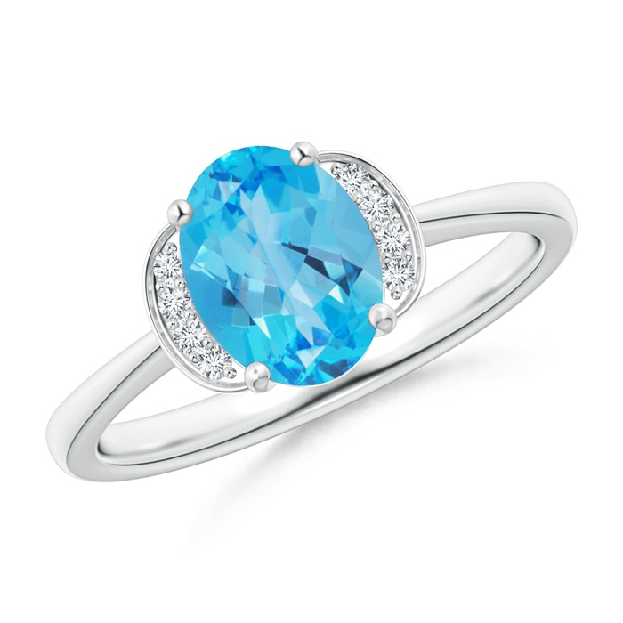 8x6mm AAA Solitaire Oval Swiss Blue Topaz and Diamond Collar Ring in White Gold