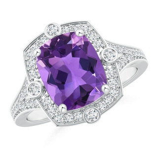 10x8mm AAA Art Deco Inspired Cushion Amethyst Ring with Diamond Halo in 9K White Gold