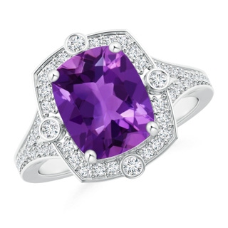 10x8mm AAAA Art Deco Inspired Cushion Amethyst Ring with Diamond Halo in P950 Platinum