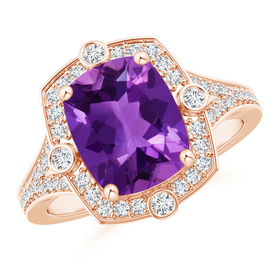 10x8mm AAAA Art Deco Inspired Cushion Amethyst Ring with Diamond Halo in Rose Gold 