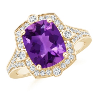 10x8mm AAAA Art Deco Inspired Cushion Amethyst Ring with Diamond Halo in Yellow Gold