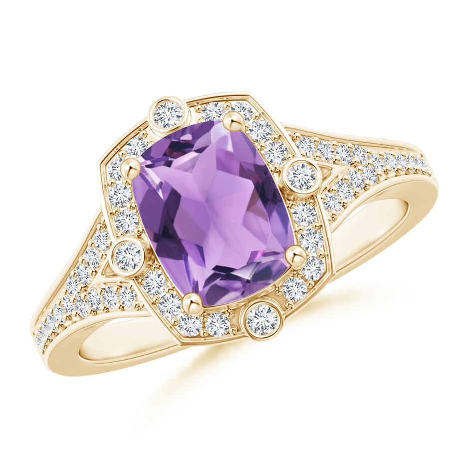 8x6mm A Art Deco Inspired Cushion Amethyst Ring with Diamond Halo in Yellow Gold 
