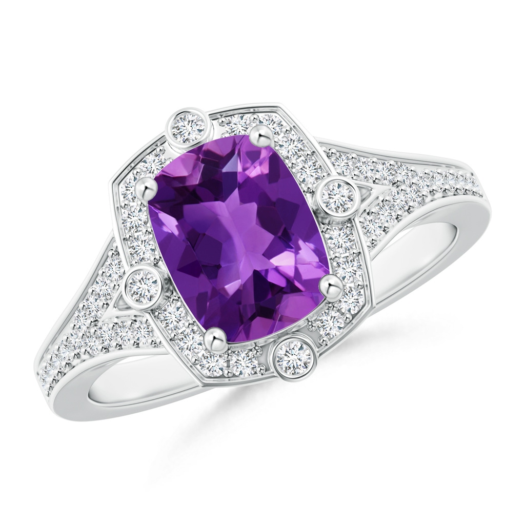 8x6mm AAAA Art Deco Inspired Cushion Amethyst Ring with Diamond Halo in White Gold