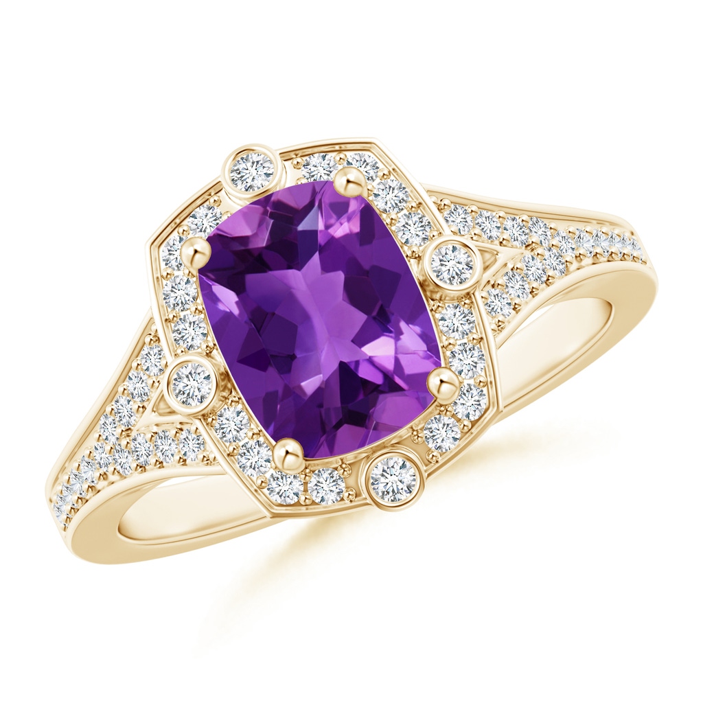 8x6mm AAAA Art Deco Inspired Cushion Amethyst Ring with Diamond Halo in Yellow Gold