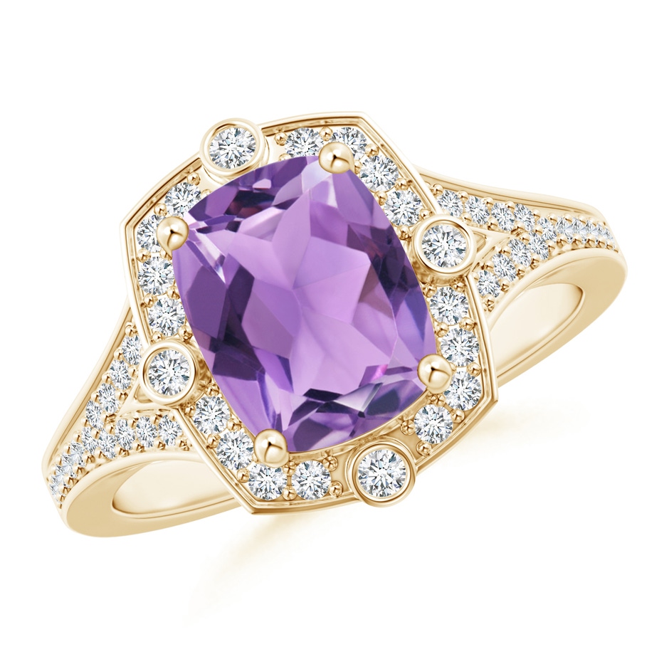 9x7mm A Art Deco Inspired Cushion Amethyst Ring with Diamond Halo in 9K Yellow Gold 