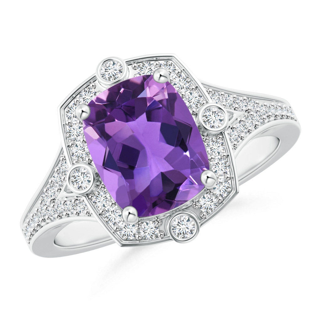 9x7mm AAA Art Deco Inspired Cushion Amethyst Ring with Diamond Halo in White Gold 