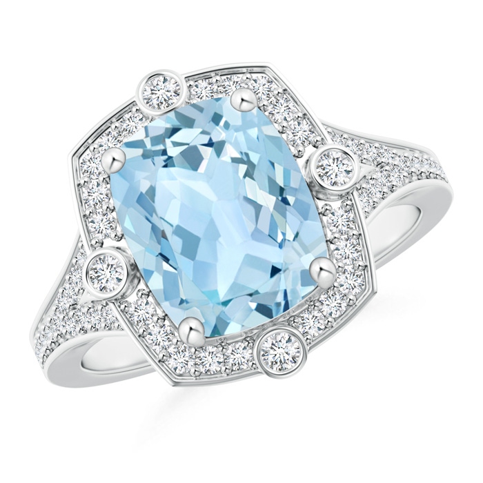 10x8mm AAA Art Deco Inspired Cushion Aquamarine Ring with Diamond Halo in White Gold 