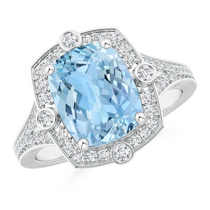 10x8mm AAAA Art Deco Inspired Cushion Aquamarine Ring with Diamond Halo in P950 Platinum 