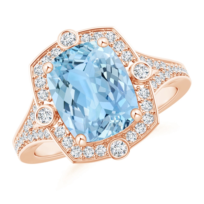 10x8mm AAAA Art Deco Inspired Cushion Aquamarine Ring with Diamond Halo in Rose Gold
