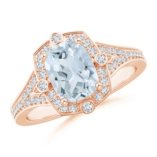 8x6mm A Art Deco Inspired Cushion Aquamarine Ring with Diamond Halo in 9K Rose Gold