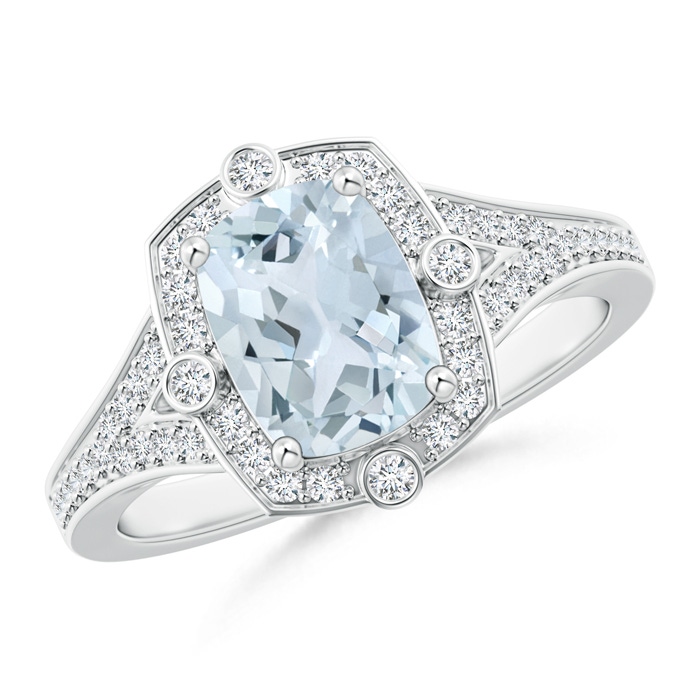 8x6mm A Art Deco Inspired Cushion Aquamarine Ring with Diamond Halo in P950 Platinum 
