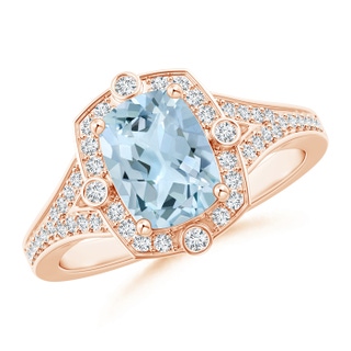 8x6mm AA Art Deco Inspired Cushion Aquamarine Ring with Diamond Halo in 9K Rose Gold