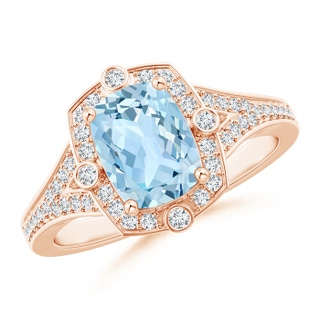 8x6mm AAA Art Deco Inspired Cushion Aquamarine Ring with Diamond Halo in 9K Rose Gold