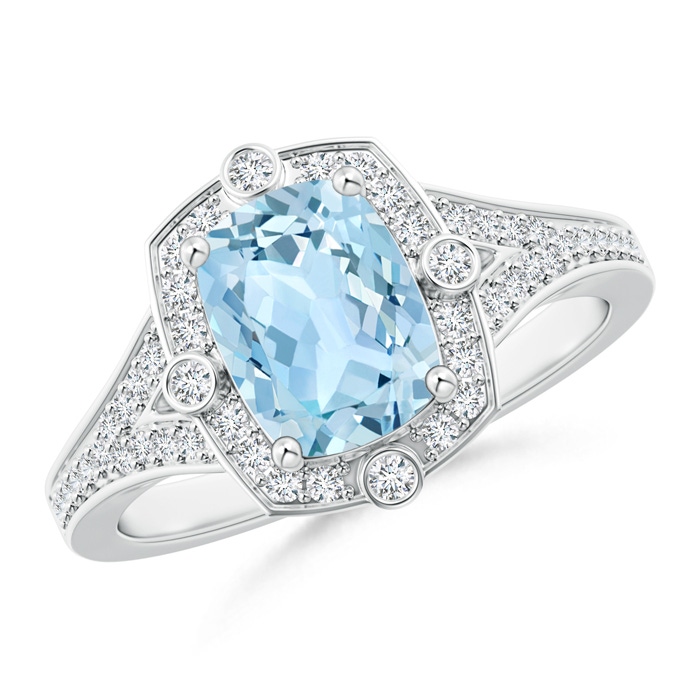 8x6mm AAA Art Deco Inspired Cushion Aquamarine Ring with Diamond Halo in White Gold