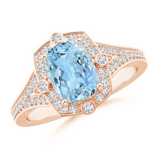 8x6mm AAAA Art Deco Inspired Cushion Aquamarine Ring with Diamond Halo in 9K Rose Gold