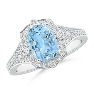 8x6mm AAAA Art Deco Inspired Cushion Aquamarine Ring with Diamond Halo in P950 Platinum