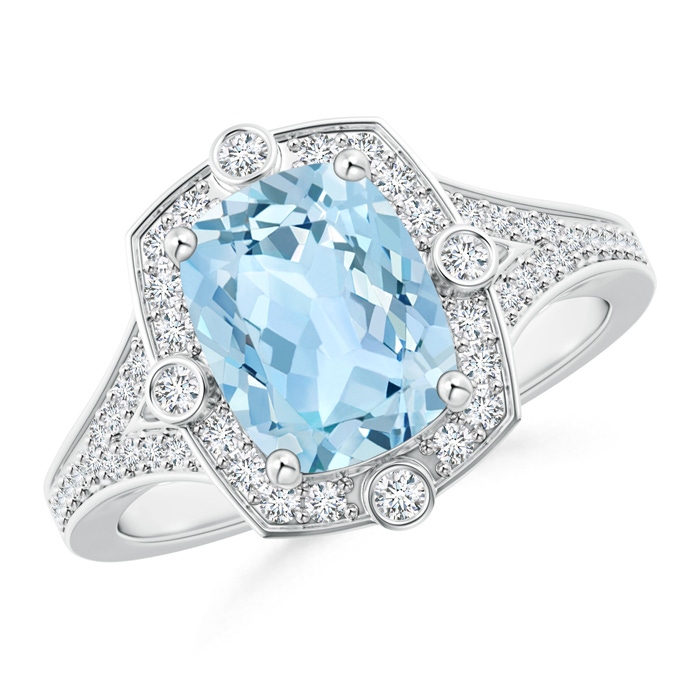 9x7mm AAA Art Deco Inspired Cushion Aquamarine Ring with Diamond Halo in White Gold 