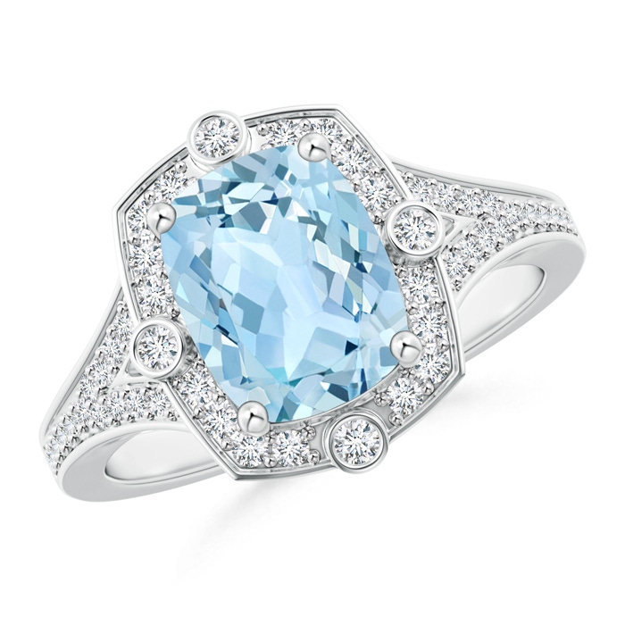 9x7mm AAA Art Deco Inspired Cushion Aquamarine Ring with Diamond Halo in White Gold