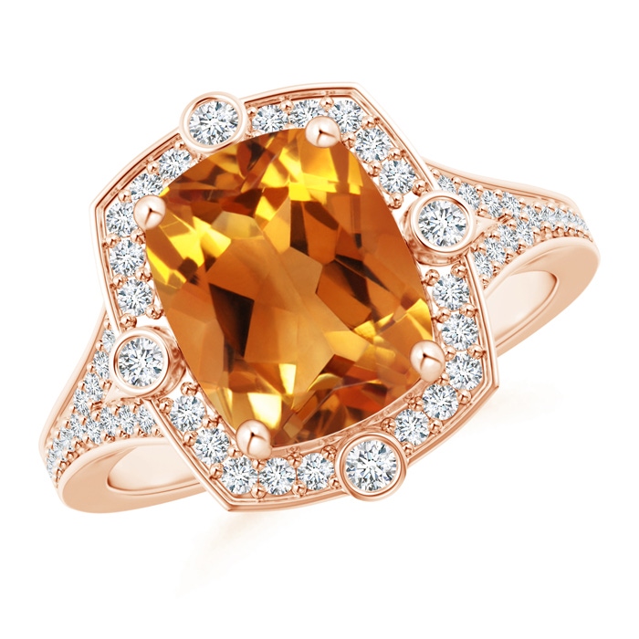 10x8mm AAA Art Deco Inspired Cushion Citrine Ring with Diamond Halo in Rose Gold 