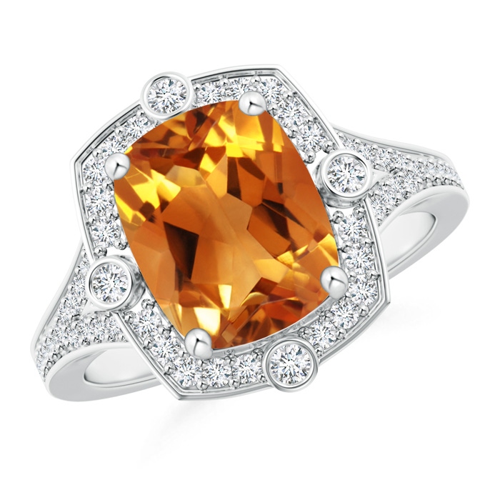 10x8mm AAA Art Deco Inspired Cushion Citrine Ring with Diamond Halo in White Gold 