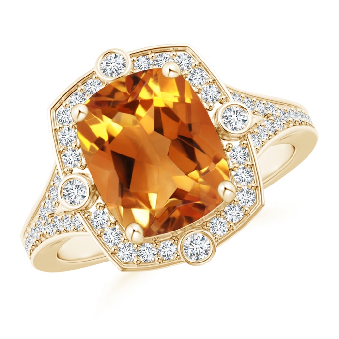 10x8mm AAA Art Deco Inspired Cushion Citrine Ring with Diamond Halo in Yellow Gold