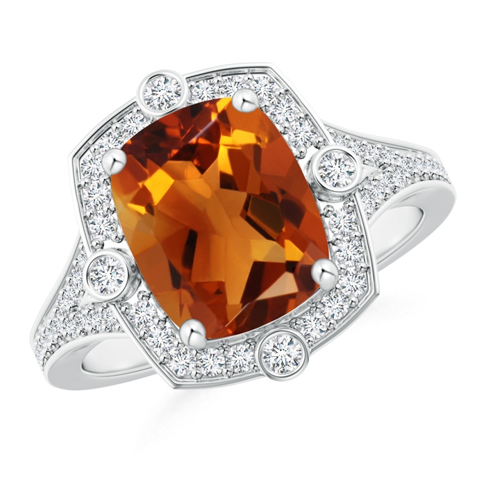 10x8mm AAAA Art Deco Inspired Cushion Citrine Ring with Diamond Halo in P950 Platinum