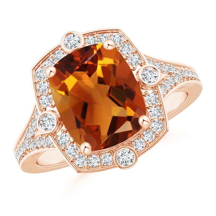 10x8mm AAAA Art Deco Inspired Cushion Citrine Ring with Diamond Halo in Rose Gold