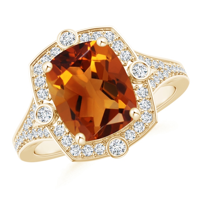 10x8mm AAAA Art Deco Inspired Cushion Citrine Ring with Diamond Halo in Yellow Gold