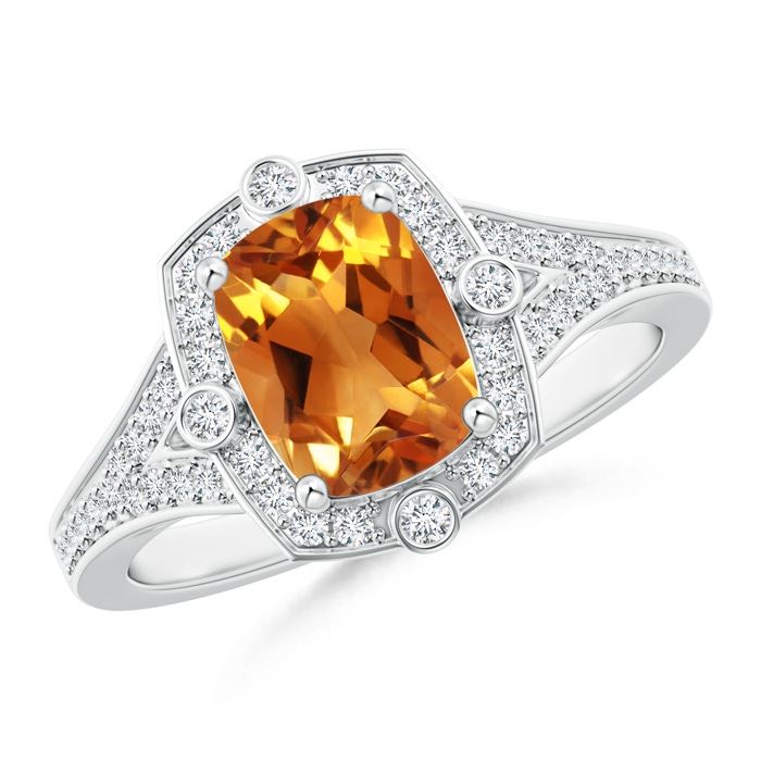 8x6mm AAA Art Deco Inspired Cushion Citrine Ring with Diamond Halo in White Gold