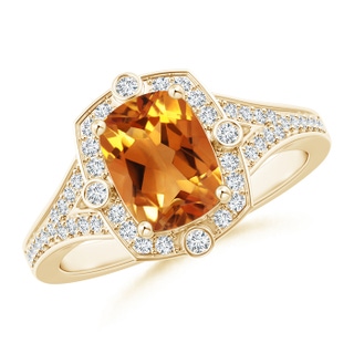 8x6mm AAA Art Deco Inspired Cushion Citrine Ring with Diamond Halo in Yellow Gold