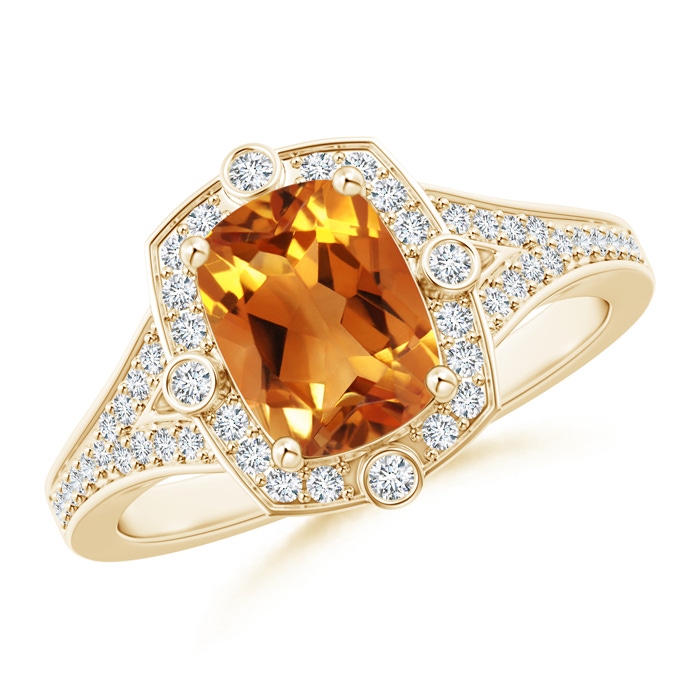 8x6mm AAA Art Deco Inspired Cushion Citrine Ring with Diamond Halo in Yellow Gold 