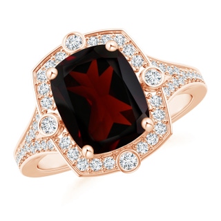 10x8mm A Art Deco Inspired Cushion Garnet Ring with Diamond Halo in Rose Gold