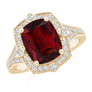 10x8mm AAA Art Deco Inspired Cushion Garnet Ring with Diamond Halo in 9K Yellow Gold