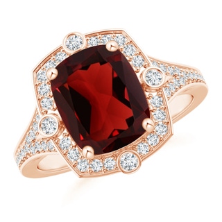 10x8mm AAA Art Deco Inspired Cushion Garnet Ring with Diamond Halo in Rose Gold