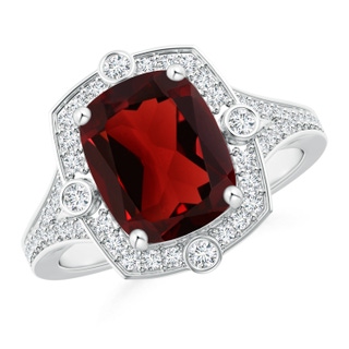 10x8mm AAA Art Deco Inspired Cushion Garnet Ring with Diamond Halo in White Gold