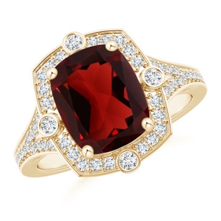 10x8mm AAA Art Deco Inspired Cushion Garnet Ring with Diamond Halo in Yellow Gold