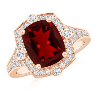 10x8mm AAAA Art Deco Inspired Cushion Garnet Ring with Diamond Halo in 18K Rose Gold