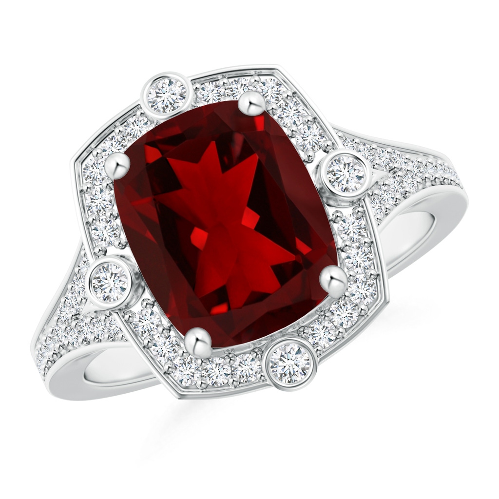 10x8mm AAAA Art Deco Inspired Cushion Garnet Ring with Diamond Halo in White Gold