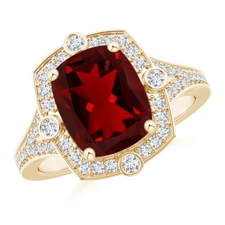 10x8mm AAAA Art Deco Inspired Cushion Garnet Ring with Diamond Halo in Yellow Gold