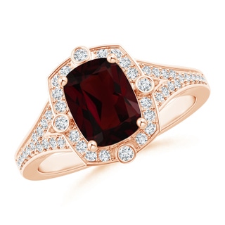 8x6mm A Art Deco Inspired Cushion Garnet Ring with Diamond Halo in 9K Rose Gold