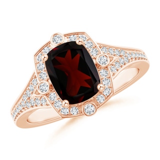 8x6mm A Art Deco Inspired Cushion Garnet Ring with Diamond Halo in Rose Gold