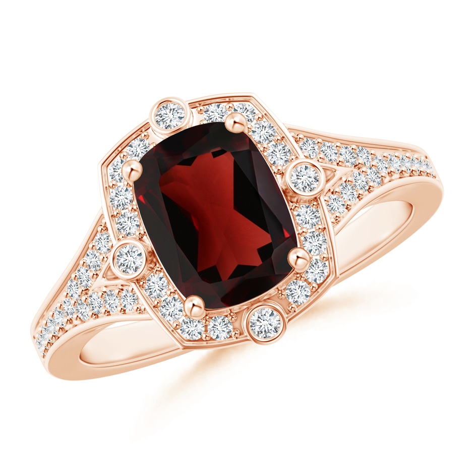 8x6mm AA Art Deco Inspired Cushion Garnet Ring with Diamond Halo in Rose Gold 