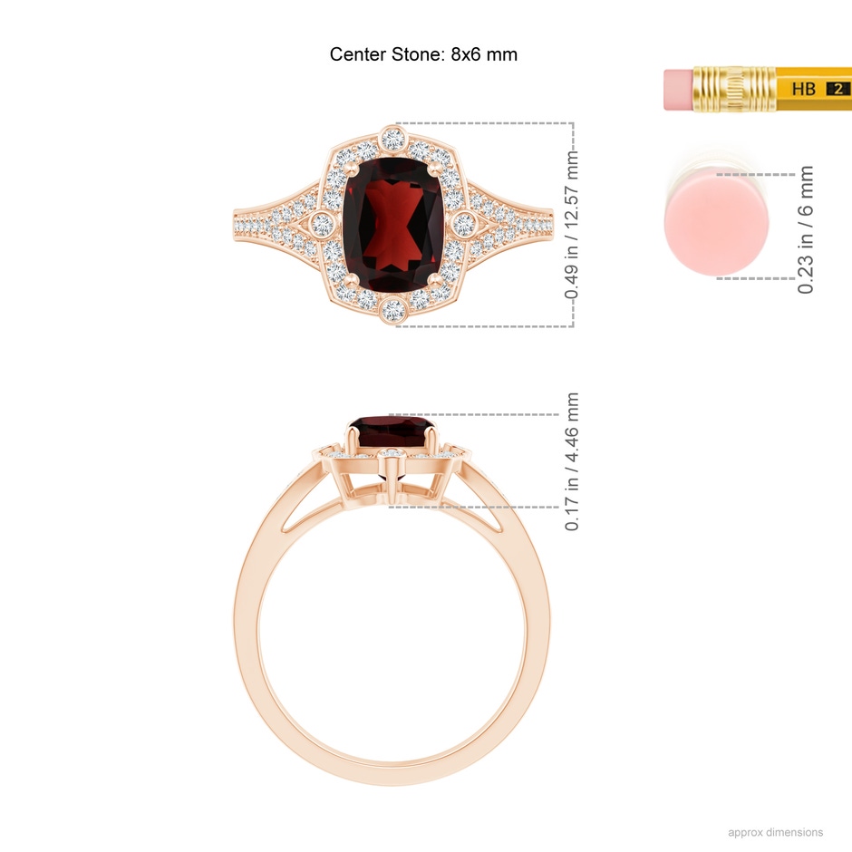 8x6mm AA Art Deco Inspired Cushion Garnet Ring with Diamond Halo in Rose Gold ruler